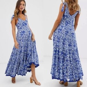 FREE PEOPLE Kikas Blue And White Floral Tie Shoulder Midi Dress Wedding Size S